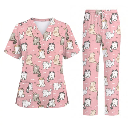 Funny Cat Scrub Set, Cute Cat Pattern Scrub For Nursing, Breathable Med Uniform