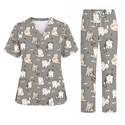 Funny Cat Scrub Set, Cute Cat Pattern Scrub For Nursing, Breathable Med Uniform