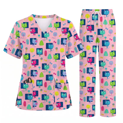 Cute Cat Pattern Scrub Top for Women, Colorful Cartoon Cats Nursing Uniform, Funny Cat Nurse Scrub Shirt, Breathable Medical Scrubs for RN LPN CNA