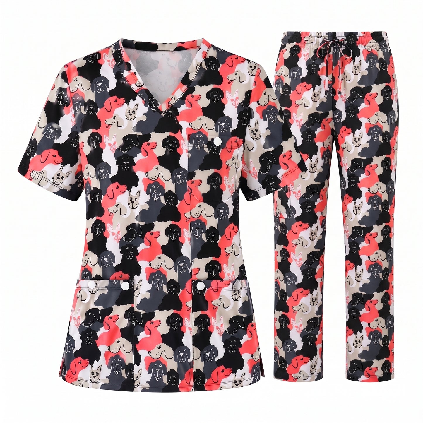 Cute Dog Pattern Scrub Top, Cartoon Puppy Nursing Scrub for Women, Breathable Veterinary Medical Uniform