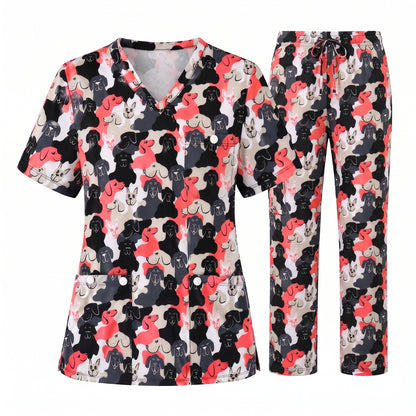 Cute Dog Pattern Scrub Top, Cartoon Puppy Nursing Scrub for Women, Breathable Veterinary Medical Uniform