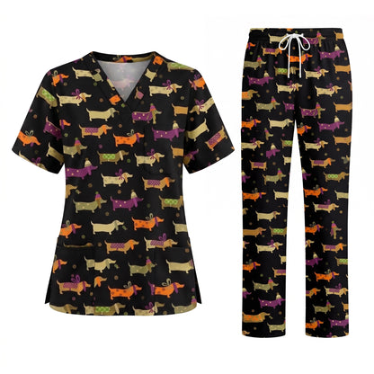 Funny Dachshund Pattern Scrub Top, Wiener Dog Nursing Scrub for Women, Breathable Veterinary Medical Uniform