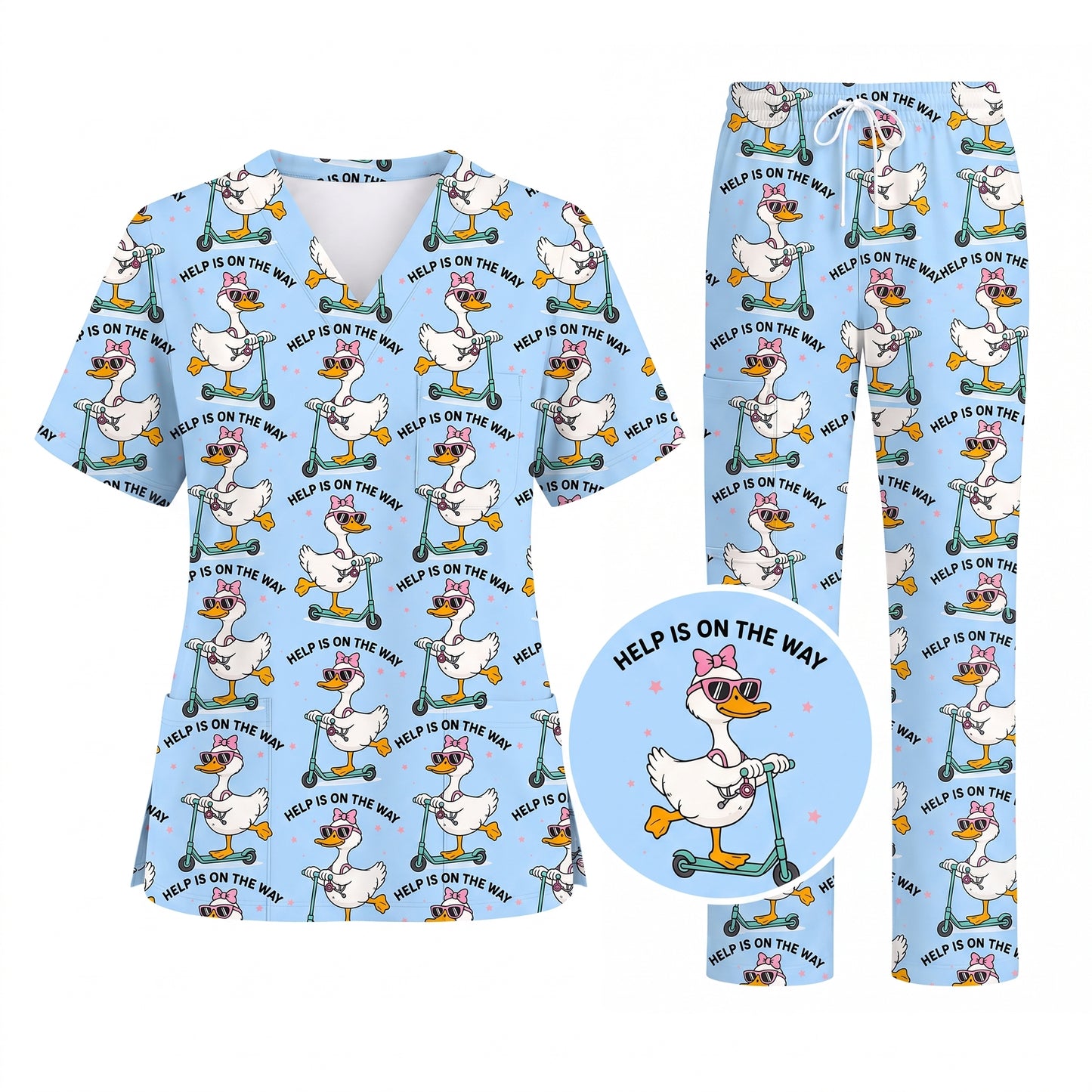 Help Is On The Way Nurse Goose Scrub Top, Funny Duck on Scooter Nursing Scrub Shirt, RN CNA LPN Veterinary Technicians Gift