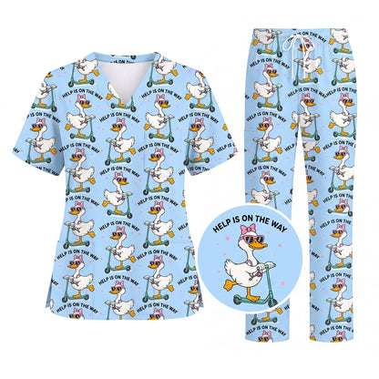 Help Is On The Way Nurse Goose Scrub Top, Funny Duck on Scooter Nursing Scrub Shirt, RN CNA LPN Veterinary Technicians Gift