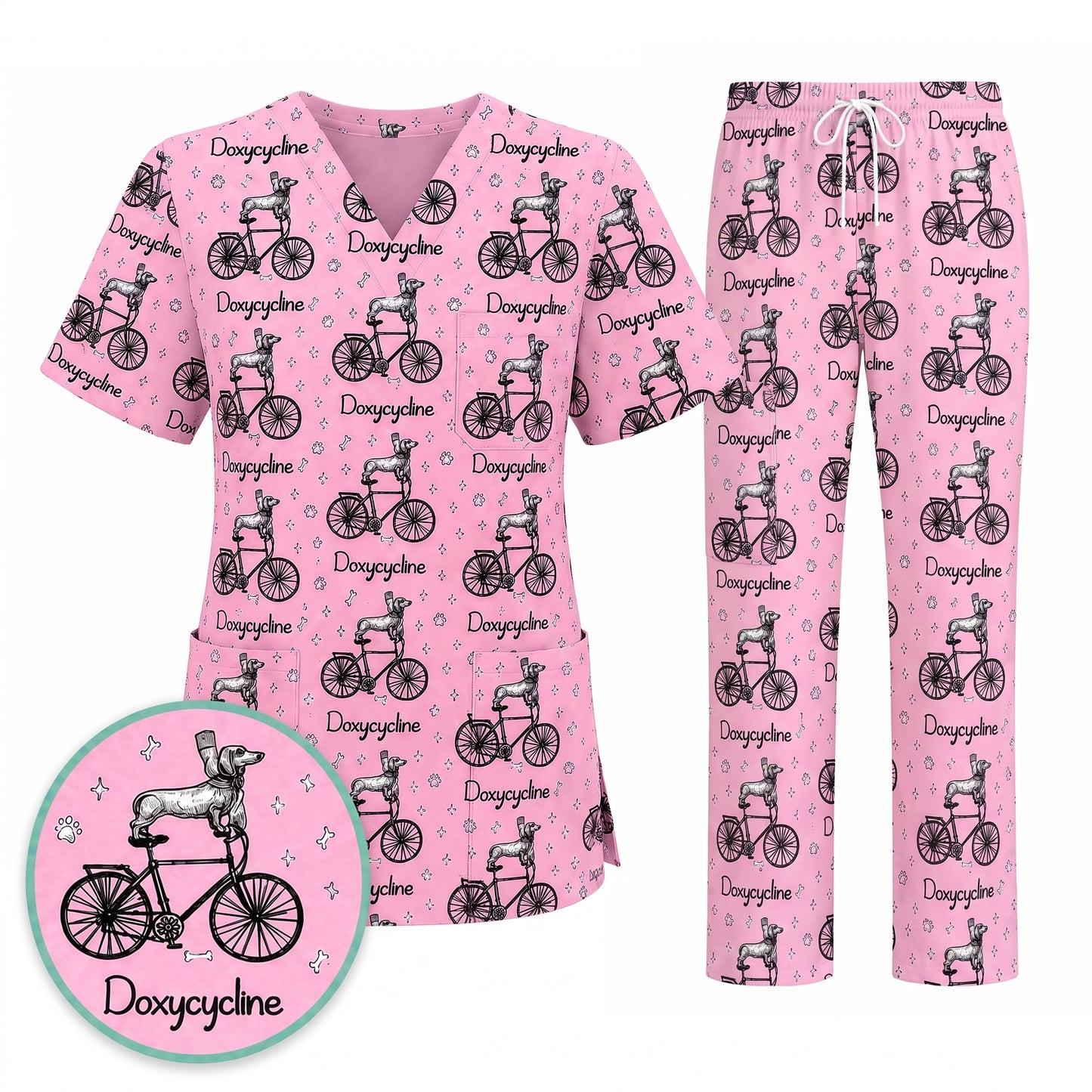 Funny Doxycycline Dog Bicycle Print Scrub Top, Comfortable Scrubs For Nurses, Dog Lover Nurse Shirt Medical Uniform RN LPN CNA Gift