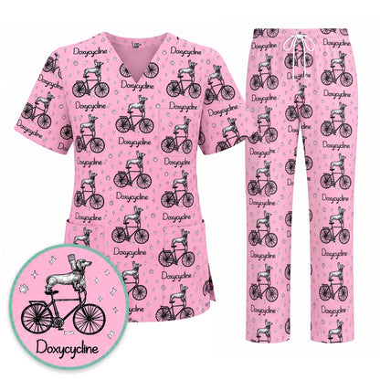 Funny Doxycycline Dog Bicycle Print Scrub Top, Comfortable Scrubs For Nurses, Dog Lover Nurse Shirt Medical Uniform RN LPN CNA Gift