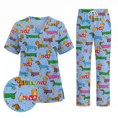 Dachshund Dog Scrub Top, Funny Wiener Dog Scrubs For Nursing, RN LPN CNA Healthcare Workers Gift