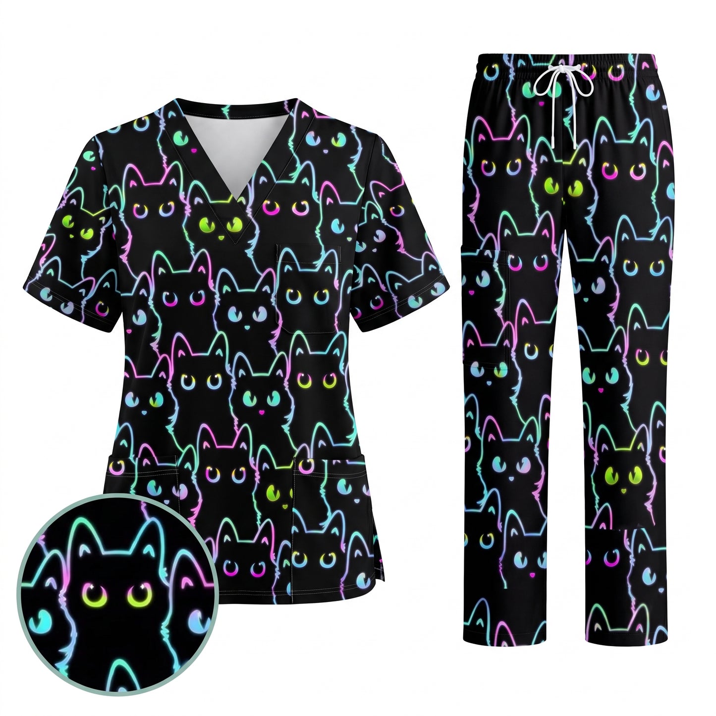 Black Cat Scrub Shirt, Neon Cat Pattern Scrub Top, Breathable Fabrics Nursing Uniform