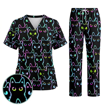 Black Cat Scrub Shirt, Neon Cat Pattern Scrub Top, Breathable Fabrics Nursing Uniform