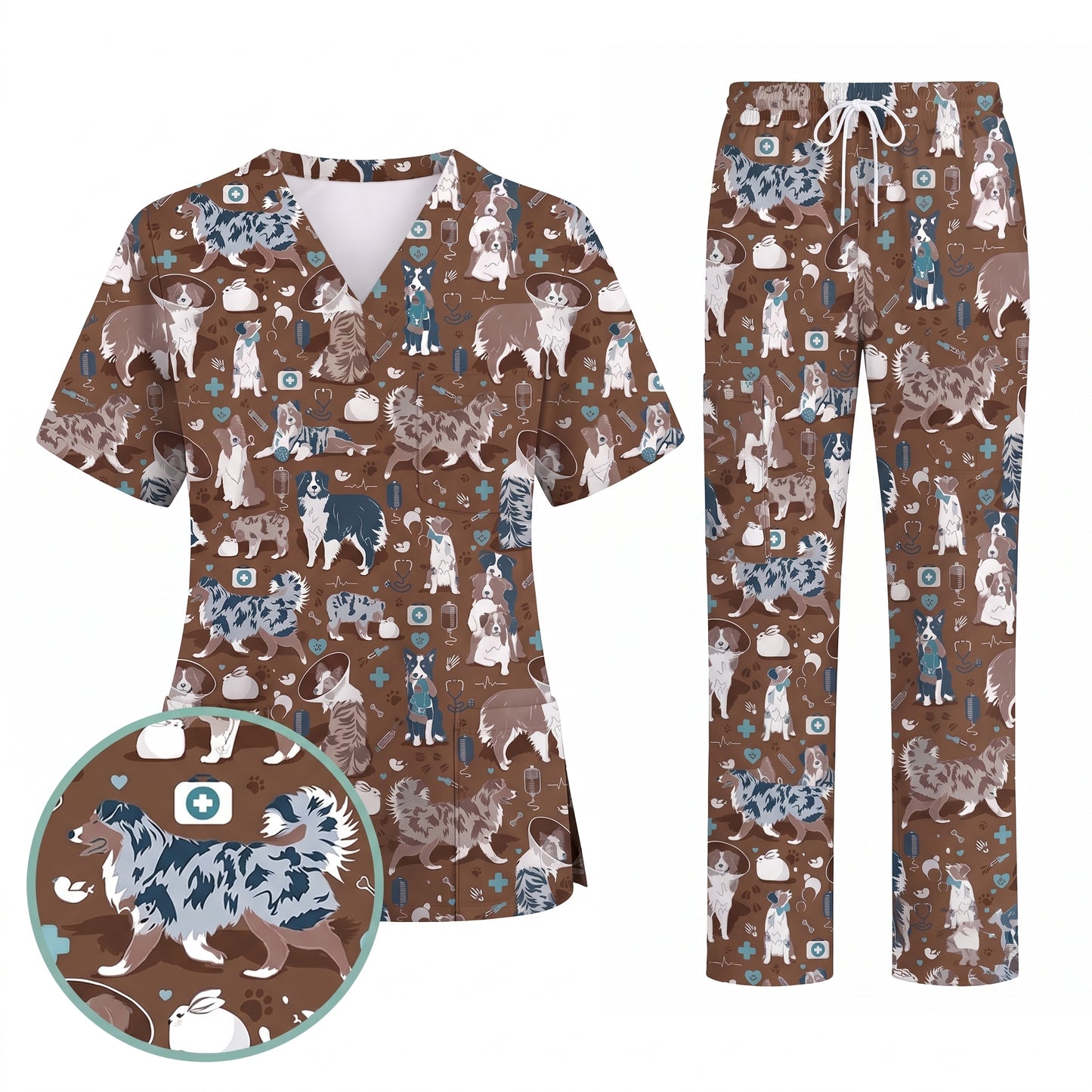 Cute Dog Pattern Veterinary Scrub Top, Breathable Fabrics Nursing Uniform, Gift For Nursing