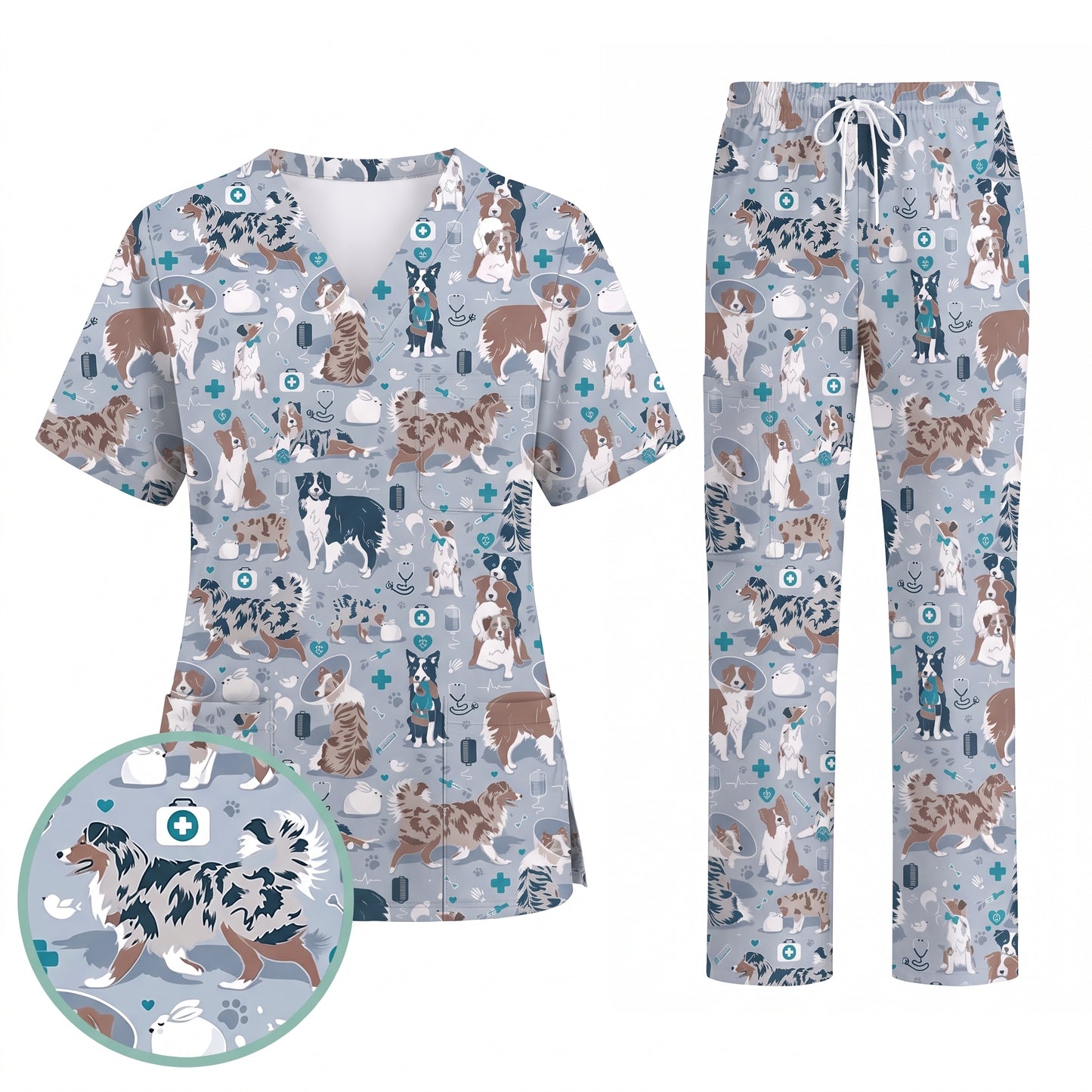 Cute Dog Pattern Veterinary Scrub Top, Breathable Fabrics Nursing Uniform, Gift For Nursing
