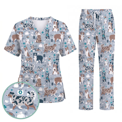 Cute Dog Pattern Veterinary Scrub Top, Breathable Fabrics Nursing Uniform, Gift For Nursing