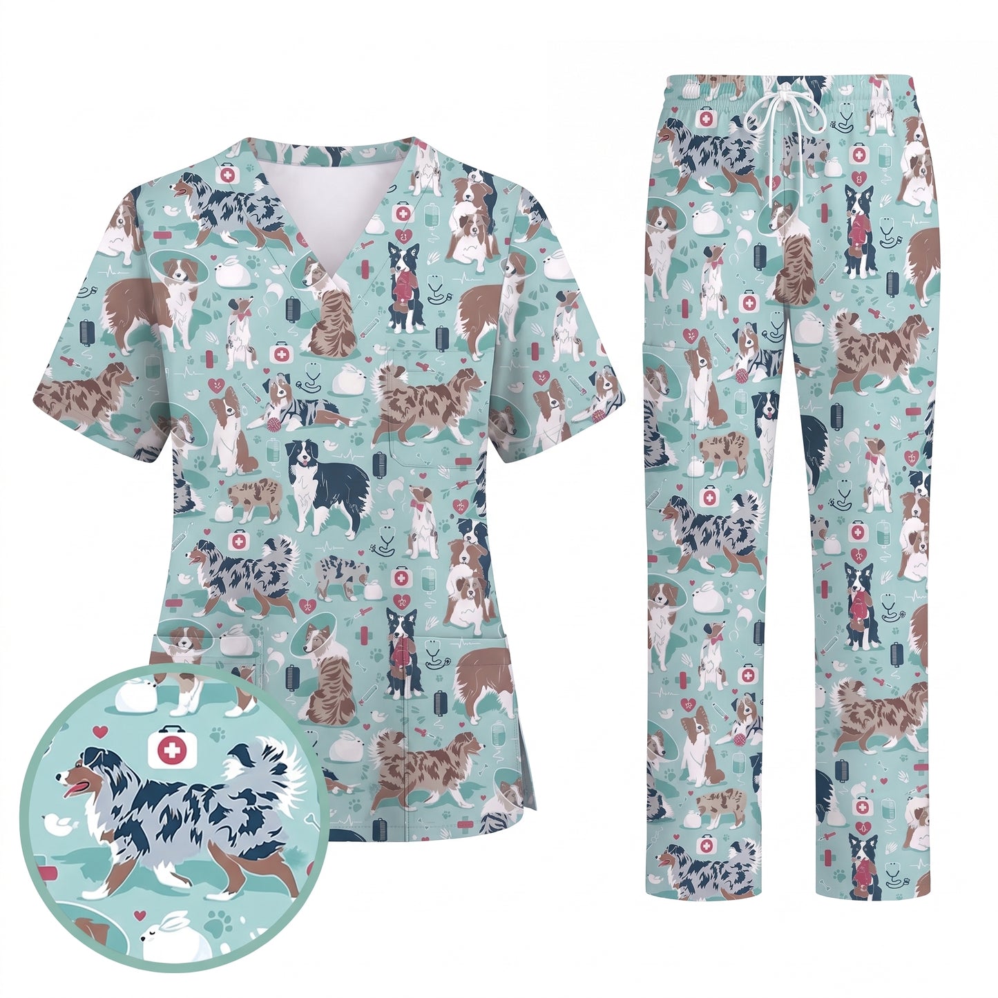 Cute Dog Pattern Veterinary Scrub Top, Breathable Fabrics Nursing Uniform, Gift For Nursing