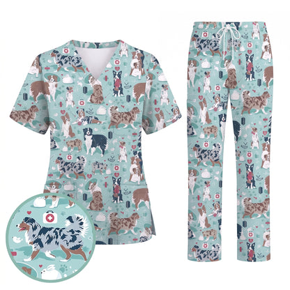 Cute Dog Pattern Veterinary Scrub Top, Breathable Fabrics Nursing Uniform, Gift For Nursing