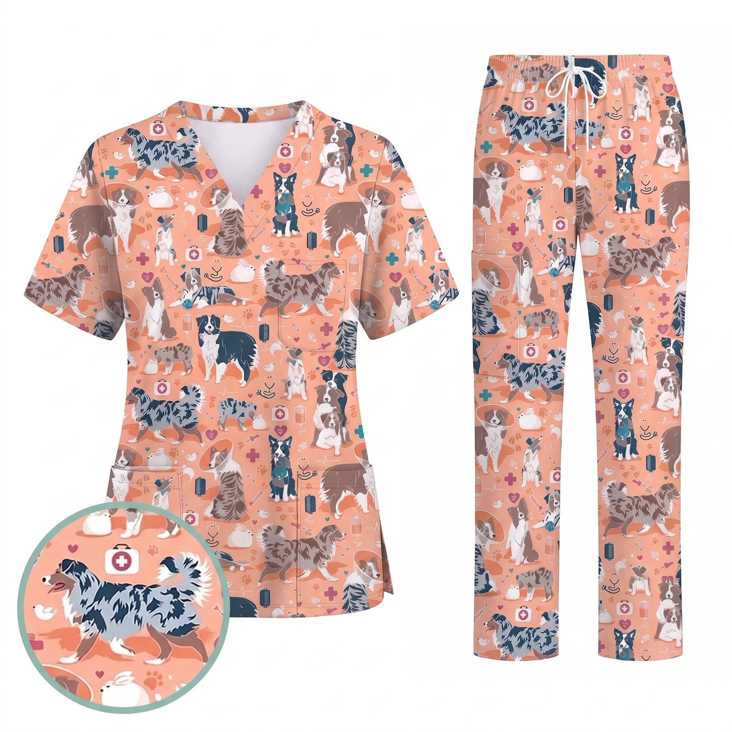 Cute Dog Pattern Veterinary Scrub Top, Breathable Fabrics Nursing Uniform, Gift For Nursing