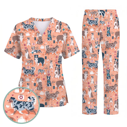 Cute Dog Pattern Veterinary Scrub Top, Breathable Fabrics Nursing Uniform, Gift For Nursing