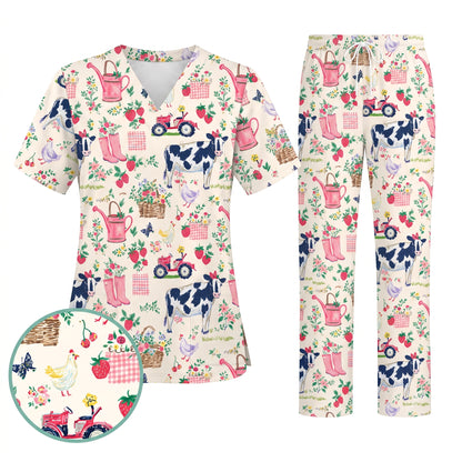 Farm Fresh Scrub Top for Women, Vintage Farm Animals Nursing Uniform, Breathable Medical Scrub Shirt