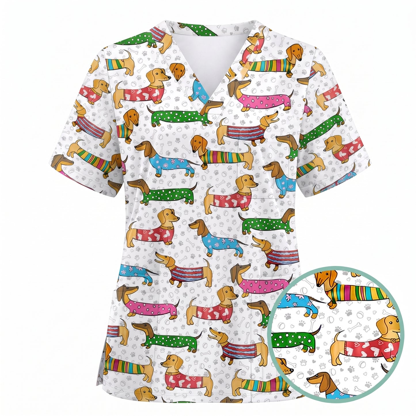 Dachshund Dog Scrub Top, Funny Wiener Dog Scrubs For Nursing, RN LPN CNA Healthcare Workers Gift