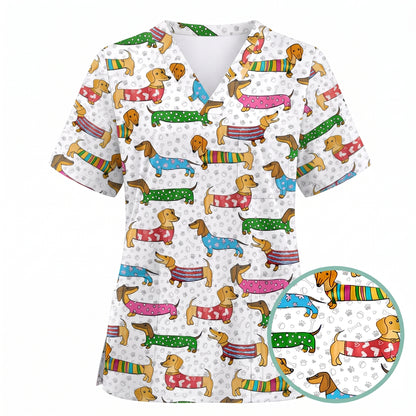 Dachshund Dog Scrub Top, Funny Wiener Dog Scrubs For Nursing, RN LPN CNA Healthcare Workers Gift