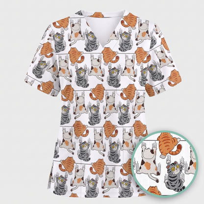 Cute Cat Pattern Nurse Scrub Top, Cats Medical Pattern Shirt, Breathable Fabrics Nursing Uniform