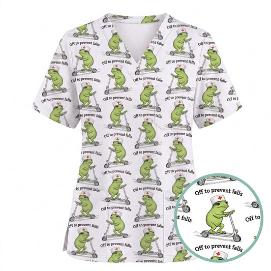Funny Nurse Scrub Top, Off To Prevent Falls Nursing Shirt, Breathable Fabrics Nursing Uniform