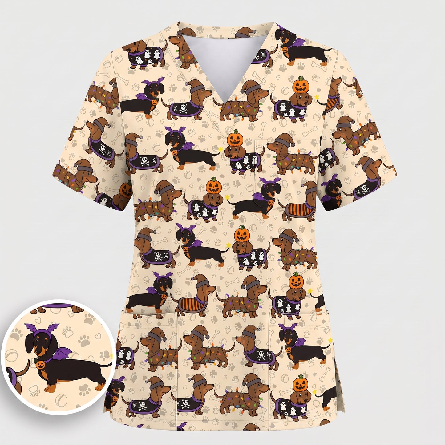 Funny Wiener Dog Pattern Scrub, Halloween Dachshund with Pumpkin Ghost Print Scrub Set, Breathable Fabrics Nursing Uniform