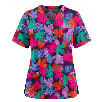 Autumn Maple Leaves Scrub Top for Women, Colorful Fall Nursing Uniform, Breathable Autumn Medical Scrub Shirt