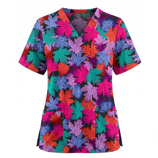 Autumn Maple Leaves Scrub Top for Women, Colorful Fall Nursing Uniform, Breathable Autumn Medical Scrub Shirt