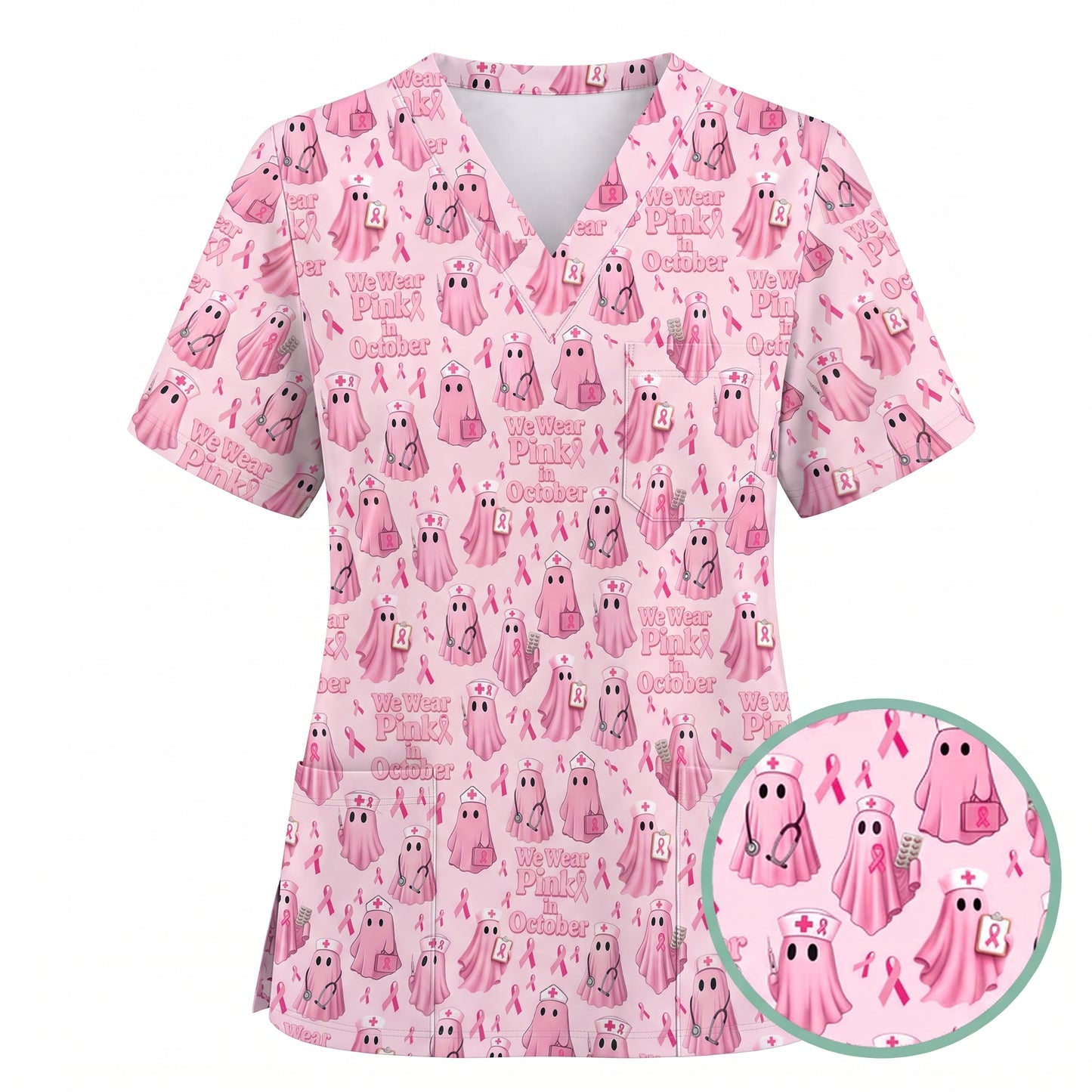 Funny Breast Cancer Awareness Scrub Top, We Wear Pink In October & Ghost Pattern Nurse Uniform, Gift for RN LPN CNA