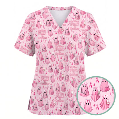 Funny Breast Cancer Awareness Scrub Top, We Wear Pink In October & Ghost Pattern Nurse Uniform, Gift for RN LPN CNA