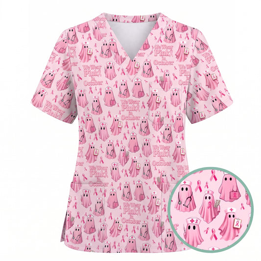 Funny Breast Cancer Awareness Scrub Top, We Wear Pink In October & Ghost Pattern Nurse Uniform, Gift for RN LPN CNA