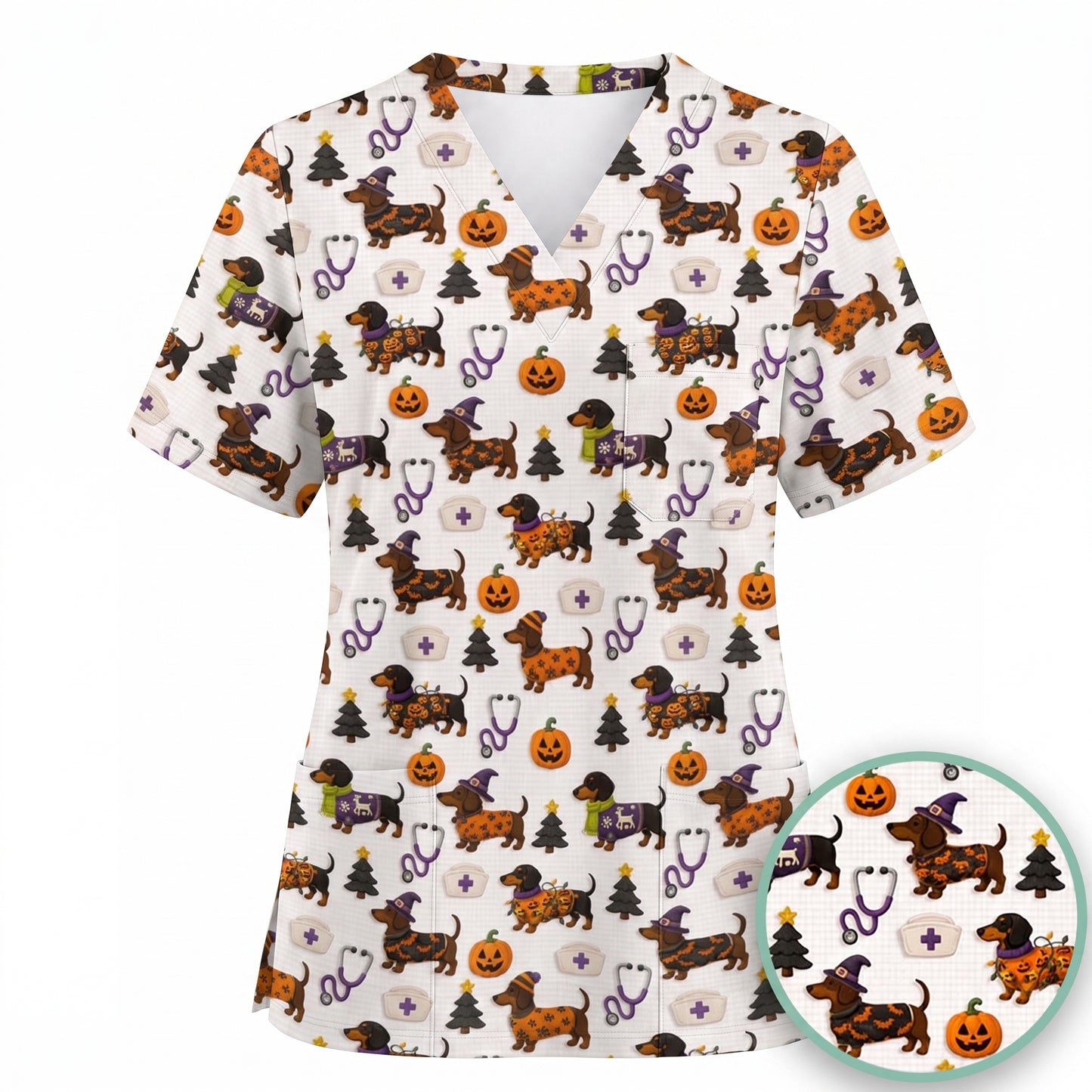 Funny Wiener Dog Pattern Scrub, Halloween Dachshund with Pumpkin Stethoscope Print Scrub Top, Breathable Fabrics Nursing Uniform (Copy)