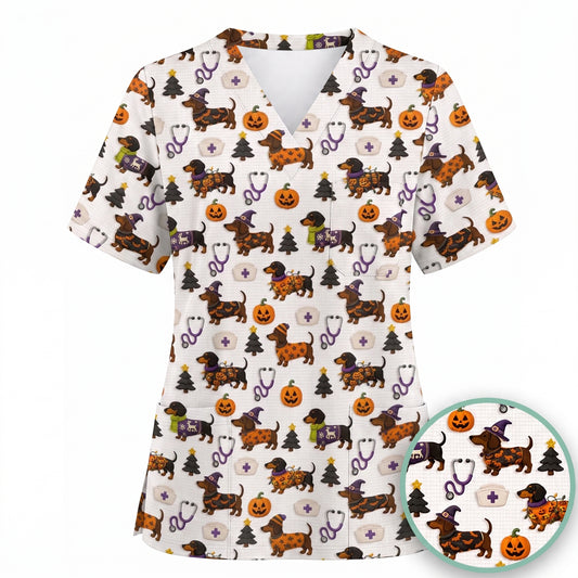 Funny Wiener Dog Pattern Scrub, Halloween Dachshund with Pumpkin Stethoscope Print Scrub Top, Breathable Fabrics Nursing Uniform (Copy)