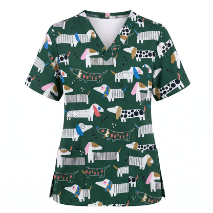 Dachshund Scrub Top for Women, Cute Wiener Dog Nursing Uniform, Funny Doxie Nurse Scrub Shirt, Gift for Healthcare Professionals RN LPN CNA Vet Tech