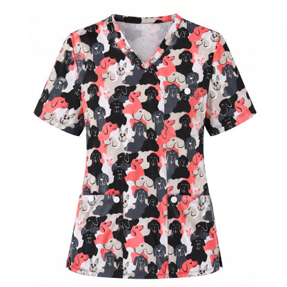 Cute Dog Pattern Scrub Top, Cartoon Puppy Nursing Scrub for Women, Breathable Veterinary Medical Uniform