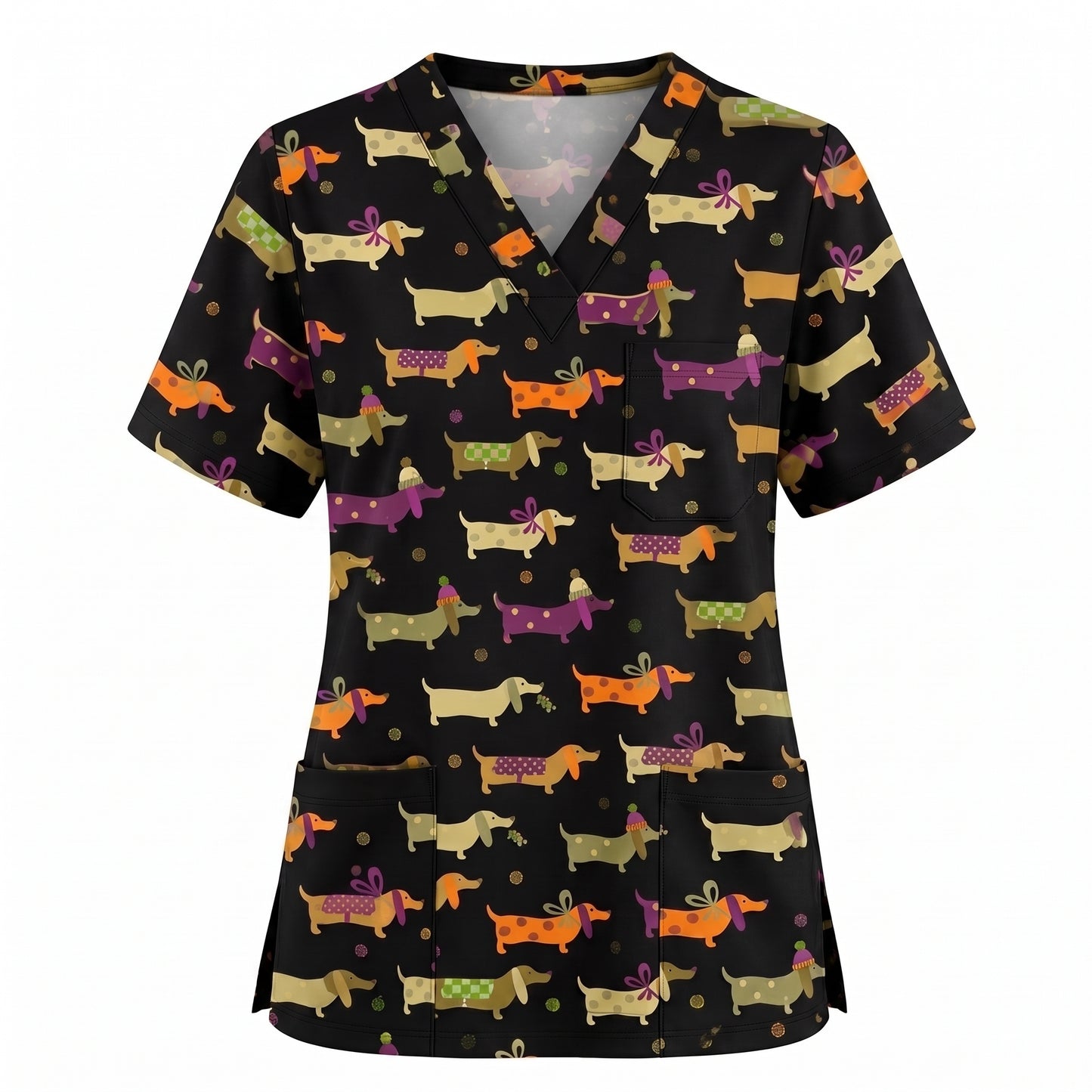 Funny Dachshund Pattern Scrub Top, Wiener Dog Nursing Scrub for Women, Breathable Veterinary Medical Uniform