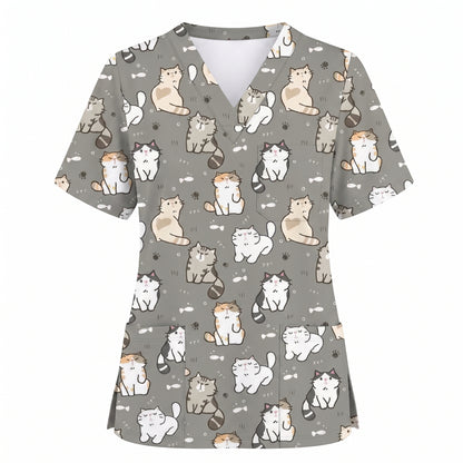 Funny Cat Scrub Set, Cute Cat Pattern Scrub For Nursing, Breathable Med Uniform