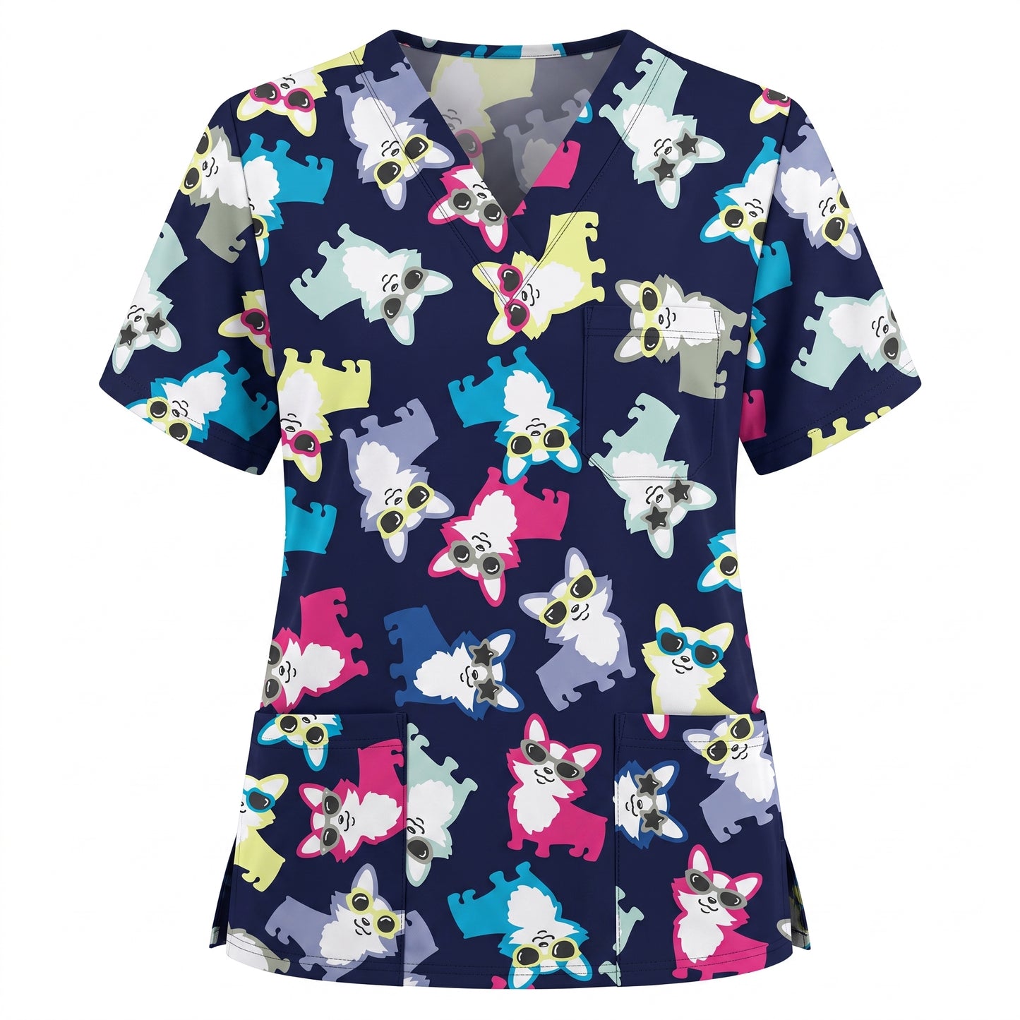 Funny Dog Print Scrub Top, Cute Puppy Pattern Nursing Uniform, Breathable Medical Scrubs for Women