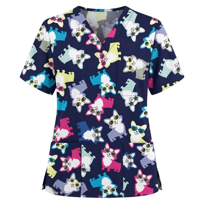 Funny Dog Print Scrub Top, Cute Puppy Pattern Nursing Uniform, Breathable Medical Scrubs for Women