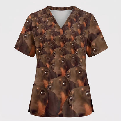 Funny Dachshund Scrub Shirt, Wiener Dog Face Scrub Top for Women, Cute Animal Scrubs Gift for Nurse, CNA, RN, Doctor