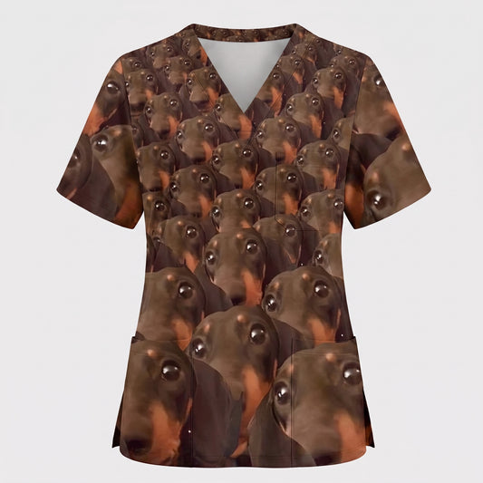 Funny Dachshund Scrub Shirt, Wiener Dog Face Scrub Top for Women, Cute Animal Scrubs Gift for Nurse, CNA, RN, Doctor