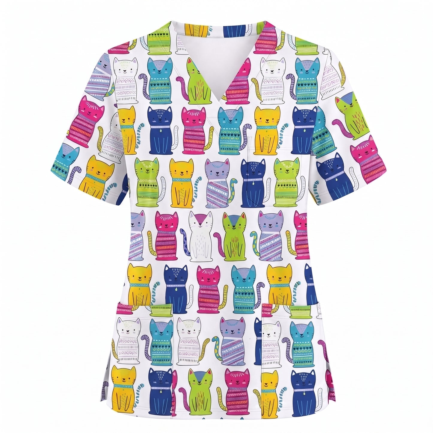 Funny Cat Scrub Top for Women, Cute Rainbow Cats Nursing Uniform, Gift for RN LPN CNA Veterinary Healthcare Professionals