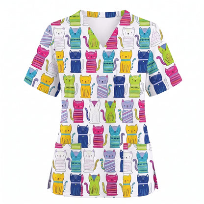 Funny Cat Scrub Top for Women, Cute Rainbow Cats Nursing Uniform, Gift for RN LPN CNA Veterinary Healthcare Professionals