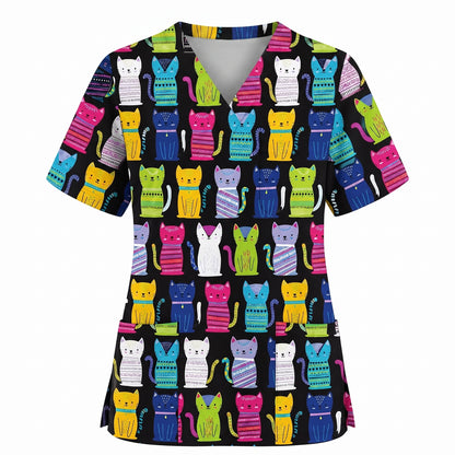 Funny Cat Scrub Top for Women, Cute Rainbow Cats Nursing Uniform, Gift for RN LPN CNA Veterinary Healthcare Professionals