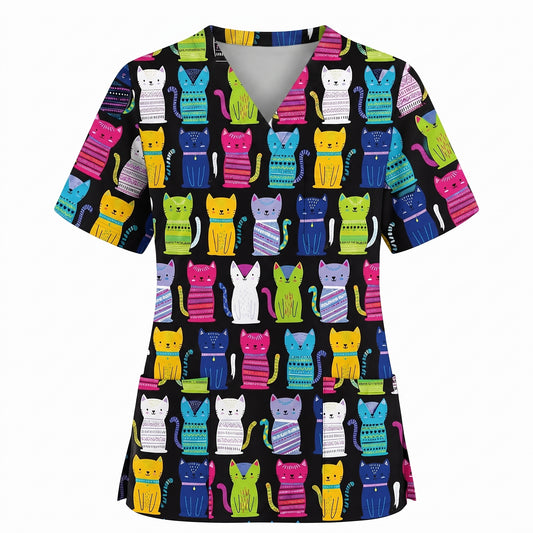 Funny Cat Scrub Top for Women, Cute Rainbow Cats Nursing Uniform, Gift for RN LPN CNA Veterinary Healthcare Professionals