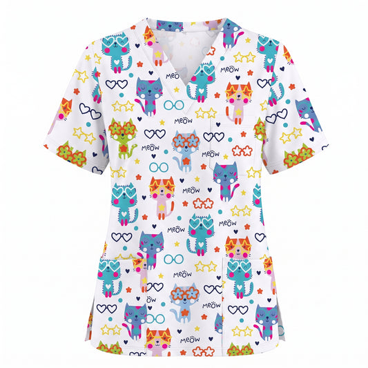 Cat Meow Pattern Scrub Top, Funny Cats Scrub Top for Women, Breathable Fabrics Nursing Uniform
