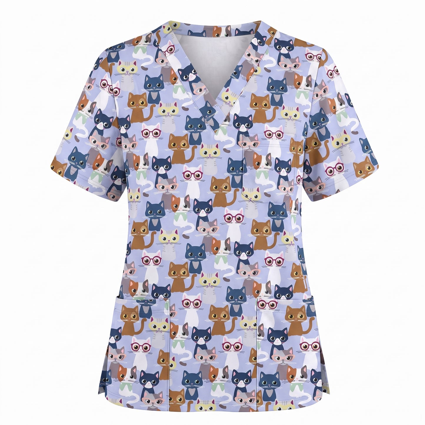 Curious Cat Scrub Top, Cute Cats Scrub Top for Women, Breathable Fabrics Nursing Uniform