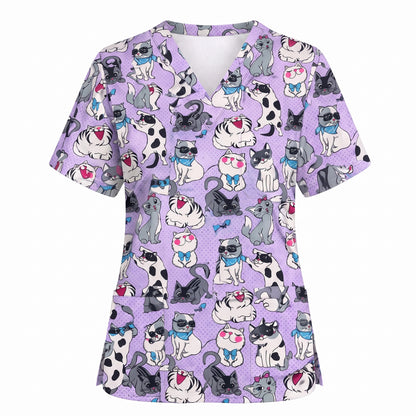Funny Cat Scrub Top, Cute Cats Scrub Top for Women, Cute Animal Scrubs Gift for Nurse, CNA, RN, Doctor