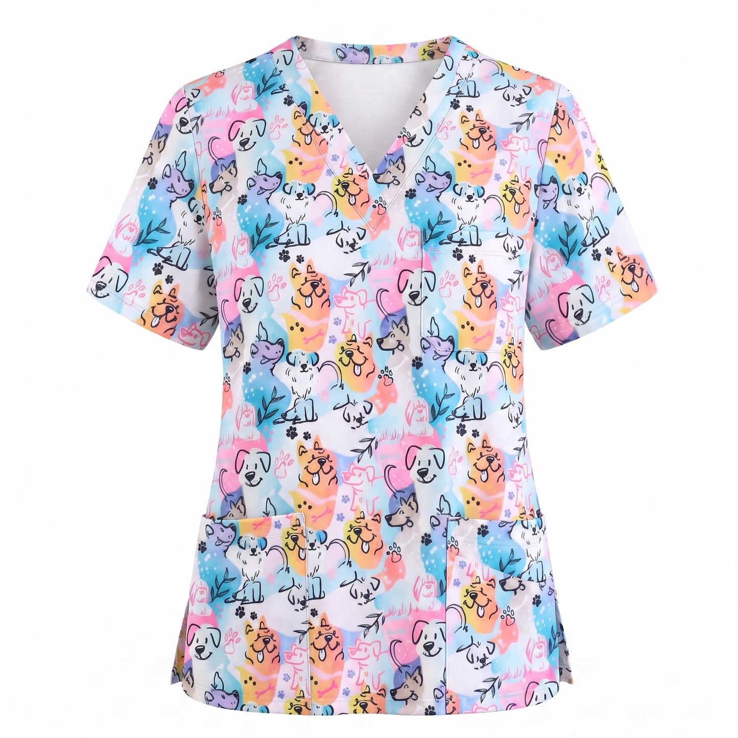 Cute Dog Pattern Scrub Top for Women, Colorful Cartoon Dogs Nursing Uniform, Funny Puppy Print Medical Scrub Shirt, Breathable Veterinary & Nurse Scrubs Gift