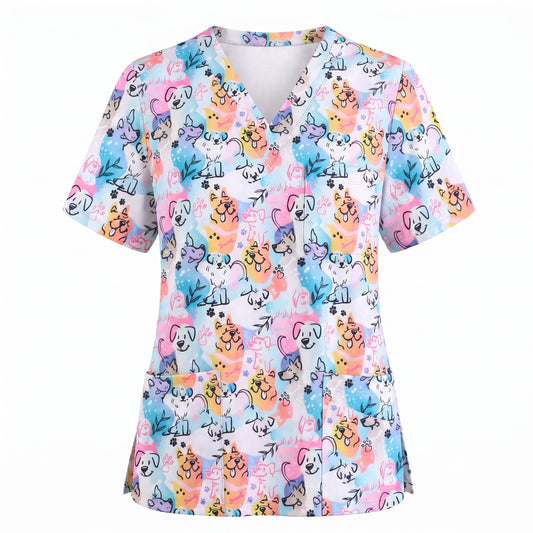 Cute Dog Pattern Scrub Top for Women, Colorful Cartoon Dogs Nursing Uniform, Funny Puppy Print Medical Scrub Shirt, Breathable Veterinary & Nurse Scrubs Gift